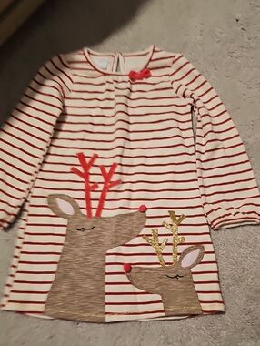 Girls Holiday Reindeer Stripe Dress - Red & Cream